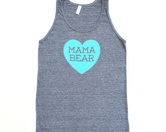 Mama Bear with Heart Tank Top - Heather Grey Triblend with Aqua Blue print