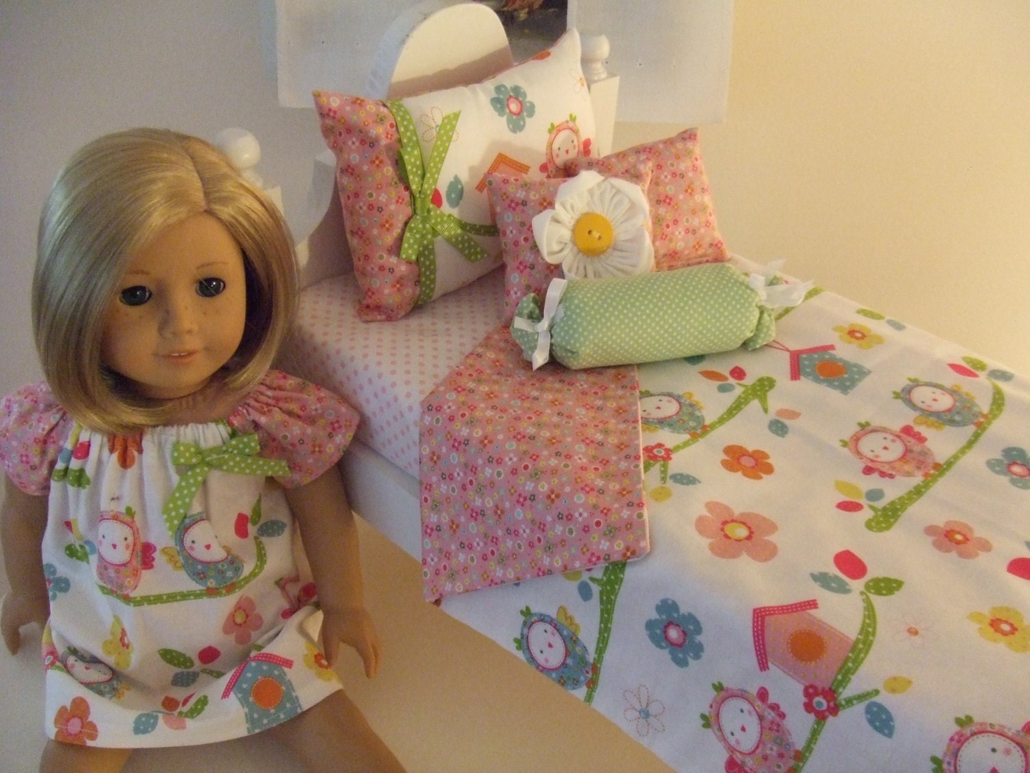 American Girl Doll Bedding 5 or 6pc Set Green n Pink by sashali