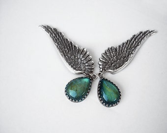 Labradorite Earrings Silver Wing Earrings Clip On // Green Blue Stone drop earrings