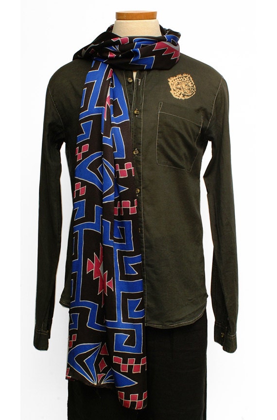 Mens Silk Scarf Hand Painted. Tribal Native American design Scarf. Unique Luxury Scarf. Batik Handmade Charmeuse Silk Scarf. 21 in x 72 in.