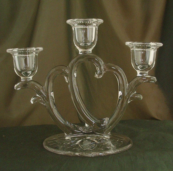 1930s 3 Lite Heart Candelabra Imperial Glass 753