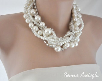 Chunky Statement Pearl Necklace, Necklace ,chunky , Pearl and Rhinestone Necklace