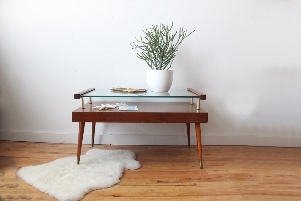 Brass Wood & Glass Two Tiered Coffee Table