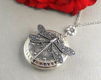 Sale Large Dragonfly Locket, Locket Necklace, Silver Large Locket, Large Dragonfly, Filigree Locket