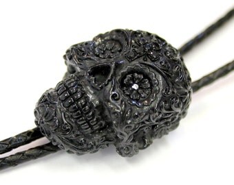 Large Onyx Black Sugar Skull Bolo Tie Necklace - Genuine Leather 2049