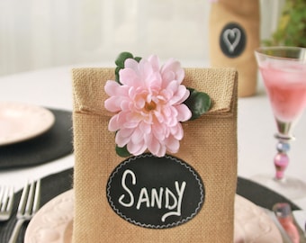 Sets of 8, 9, 10 or 11 Burlap Party Gift Bags with Re-Useable Chalkboard Labels for Party Favors, Table Numbers