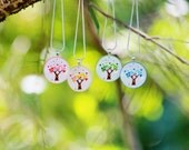 Love in Bloom Collection - Green Spring, Red Summer, Yellow Autumn, Blue Winter - Circle Glass Tile Pendant - LISTING FOR FOUR