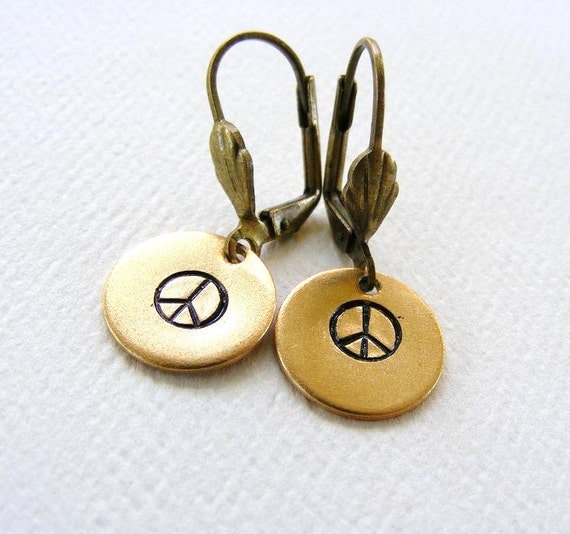Peace Sign Hand Stamped Dangle Earrings Antique by meiguidesigns