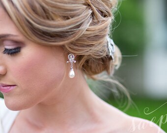 1920s Bridal Pearl Earrings, Flapper Earrings, Rhinestone Chandelier Earrings, Crystal Dangle Earrings, Wedding , Ivory, White - CLARA