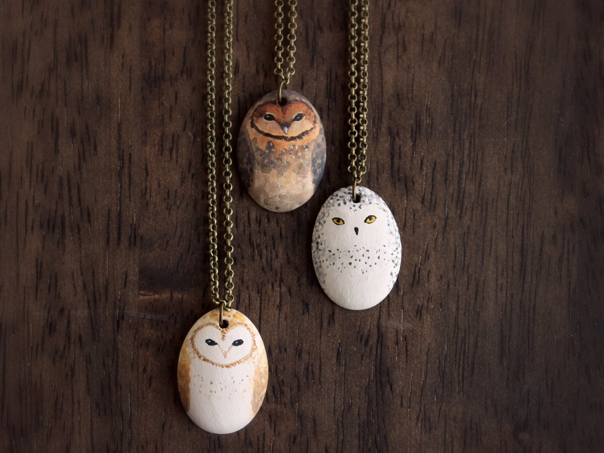 painted porcelain owl necklace by Handy Maiden