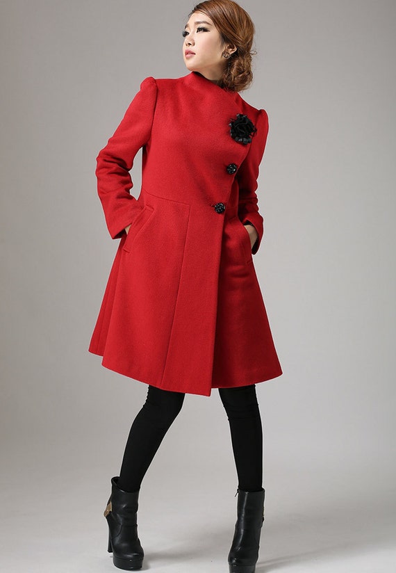 Red coat Winter cashmere coat wool jacket coat 734