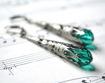 Emerald Earrings Green Victorian Steampunk Earrings Dark Gothic Long Cone Filigree Gunmetal Dark Silver