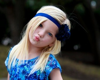 Royal Blue Flower Headband, Satin & Tulle Flower Puff Headband or Hair Clip, Infant Baby Toddler Child Girls Headband