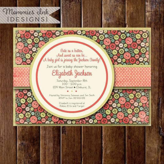 Baby Shower Invitation, Cute as a Button Baby Shower Invitation, Button Shower Invitation, Sewing Invitation, Button Theme, DIY, Printable Il_570xn