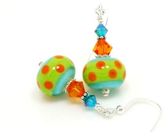 Turquoise Blue Earrings, Polka Dot Earrings, Southwestern Earrings, Lampwork Earrings, Glass Earrings, Glass Bead Earrings, Bright Earrings