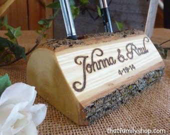 Log Guest Book Pen Holder with Custom Names or Initials, Personalized Rustic Wedding, Table Decor, Desk Organizer, Office Gift Idea