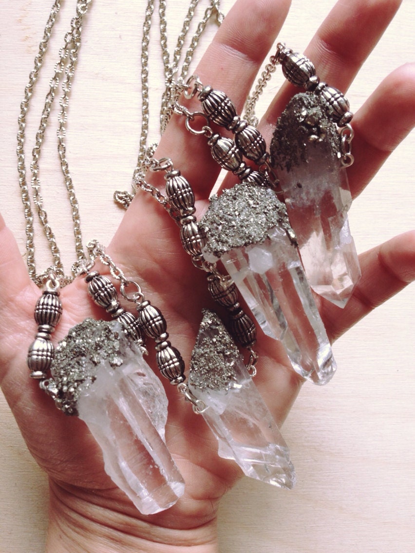 Clear Quartz Crystal Necklace/ Raw Quartz/ Crushed Pyrite/