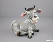 Vintage Bull Cow Figurine Sad Eyes Tear Gray Pink Brown Black