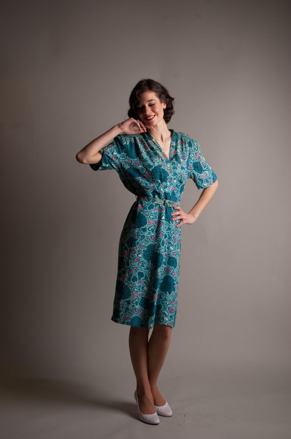 Vintage 1930s Dress 40s Novelty Print Dress Crazy Heart