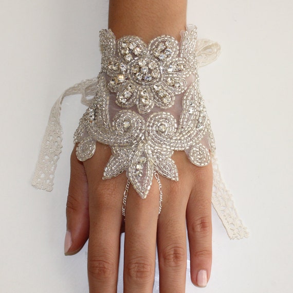 Beaded Bridal 1920's Inspired Gatsby Glove Bracelet Handpiece