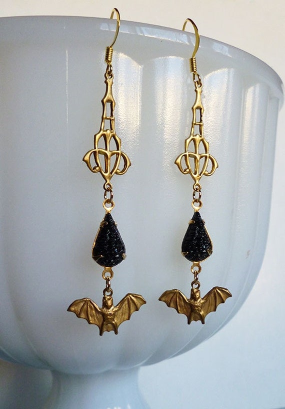 Brass Bat and Black Teardrop Earrings with Vintage Filigree, 1950s Jet Sugar Glass Drops, Vintage Brass Bat Stamping // Goth Vampire Noir by LaPlumeNoir steampunk buy now online