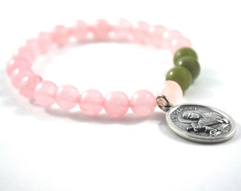St Gerard Bracelet. Patron Saint Bracelet. Catholic Prayer Bracelet. Heartfelt Jewelry. Rose Quartz and Jade, patron saint of fertility
