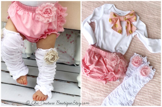 Newborn Baby Girl Coming Home Outfit Set of 3 Items, Lace Diaper Cover, Leg Warmers Bow Bodysuit Pink Roses Gold. Daddy's Girl, Father's Day by ChicCoutureBoutique