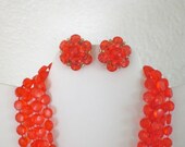 Bright Red Necklace Earrings Disc Bead Five Strand Clip On Plastic Gold Tone Vintage Hong Kong Mid Century GallivantsVintage