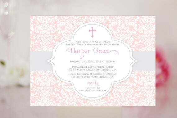 Damask Pink Communion Invitation - Printed or Printable File by 505 Design, Inc Il_570xn
