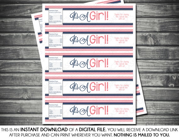 Instant Download Water Bottle Wraps - Girl Baby Shower, Coral, Navy Blue, Gray, Chevron, Printable, Digital Il_570xn