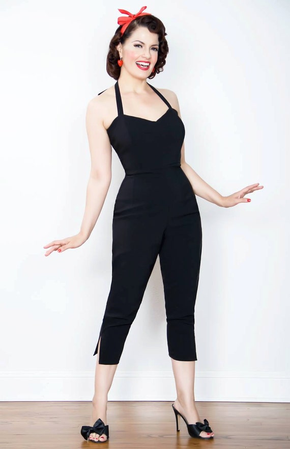 Repro vintage 1950s inspired black stretch jumpsuit Rockabilly