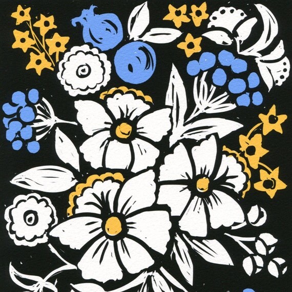 Folk Art Flowers Woodcut Style Floral Art by MaywoodArt on Etsy