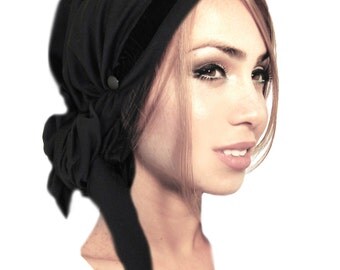 Black Tichel Head Scarf Velvet Fancy Occassions Hair Snood Chemo Hat Chemo Cap Wrap Turban Pre Tied Bandana Black Velvet Buttons - 005