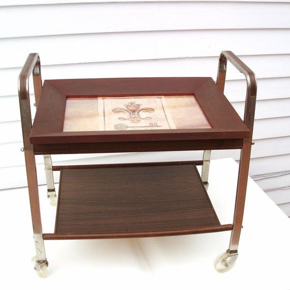 Vintage Metal TV Stand Rolling Cart Rustic Serving Trolley Faux Wood 