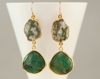 Raw Emerald Earrings - Green Moss Quartz earrings - Two Tier Gemstone earrings - Gold Earrings - Long Drop earrings