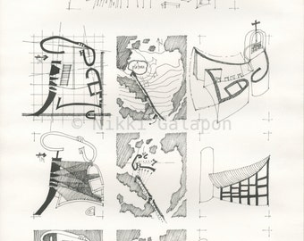 The chapel of Notre Dame du Haut Study: Archival print of original architectural pen drawing 11"x16"
