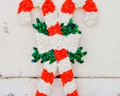 Candy Cane Melted Plastic Popcorn Oatmeal Vintage Fused Plastic Christmas Wall Hanging Decoration Red White 1970's