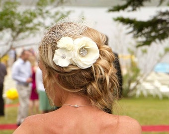 Ivory Cluster Birdcage Veil- Ivory Flower Fascinator- Wedding Headpiece-Available in Ivory or White