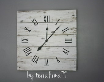 Large Reclaimed Wood Wall Clock. 26" by 26" White Colored Rustic Pallet Wood Clock. distressed. Shabby Chic. Modern Rustic. Coastal decor