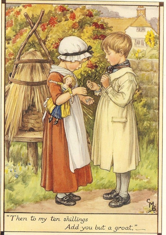 Vintage 1928 Cicely Mary Barker Children's Print Young Boy Smock Young Girl Mob Cap Apron Counting Money Holding Doll Book Plate