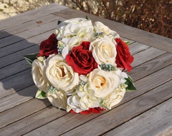 Red, White and Blue Wedding Bouquet made with Red Roses, White Roses and Blue Hyacinth Americana Bouquet.