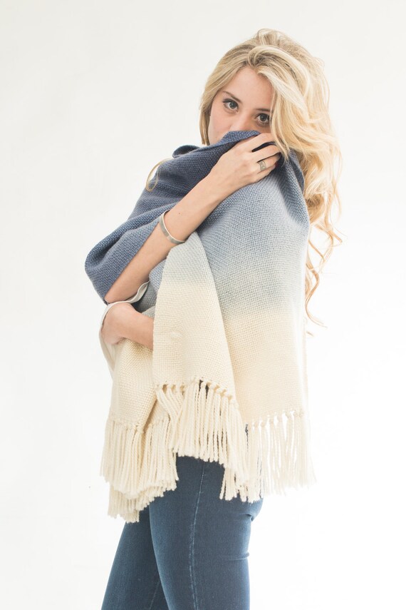 Ombré Blue blanket scarf merino wool dip dye hand by texturable