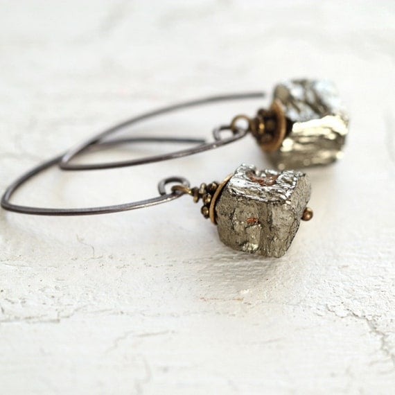 Raw Pyrite Earrings - Modern Mixed Metal Earrings
