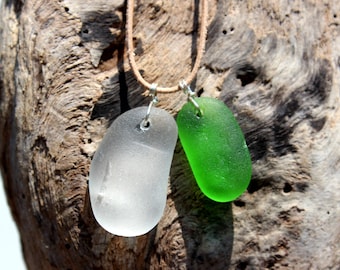 Hawaiian Emerald Green Beach Glass & Clear Beach Glass Wire Wrapped in 925 Sterling Silver on India Leather Necklace