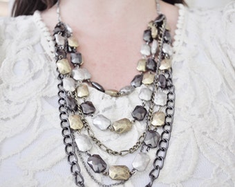 SALE Mixed Chain Necklace Long Chain Textured Statement Necklace Mixed Metals