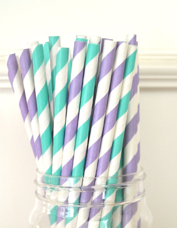 25 Whimsical Mermaid Paper Straws Pack, AQUA & PURPLE, Party favors, Drinking Straws, Cake Pops Il_570xn