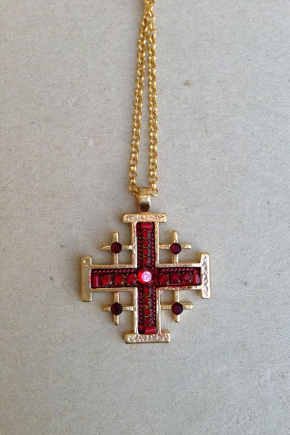 Deep red jerusalem cross pendant Gold plated jerusalem cross