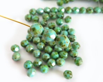 100 Pcs - Czech Glass Firepolish Beads - Opaque Turquoise Picasso 8mm