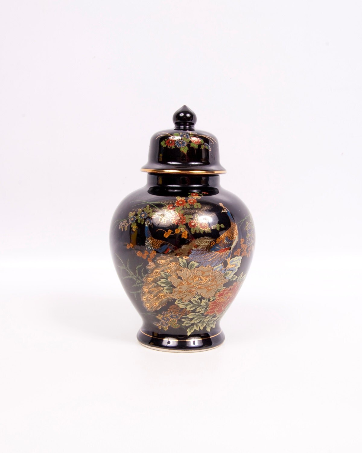 Vintage Black Ginger Jar Vase With Lid Blue Peacock Asian