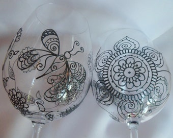 DRAGONFLY & BUTTERFLY designs. Custom wine GLASSES (2) One of a kind, gift with symbolism- liberation, transformation, new beginnings